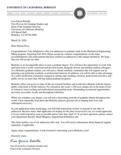 UC Berkeley acceptance letter for Master of Engineering program