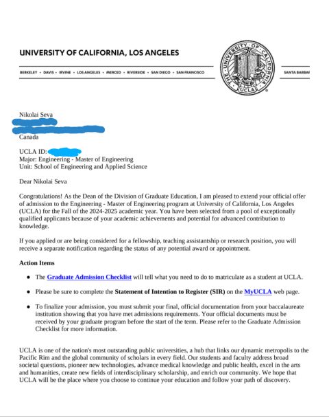 UCLA acceptance letter for Master of Engineering program