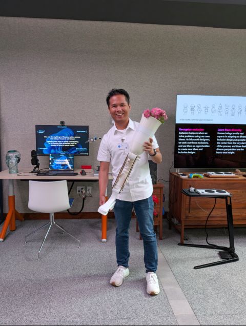 Nikolai presenting prosthetic ski design at Microsoft Inclusive Tech Lab